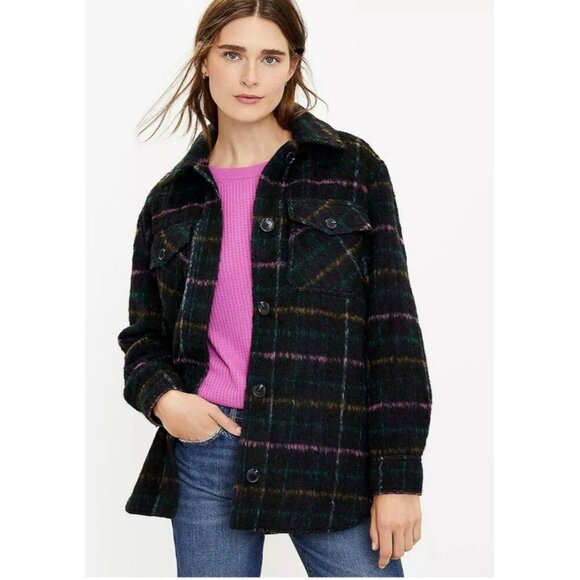 LOFT Plaid Shirt Jacket Shacket Size Medium Black Pink Green Blue - Picture 1 of 11